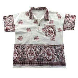 Mens Batik Polo Shirt Size 46 White Elephant Print Short Sleeve Thailand Top